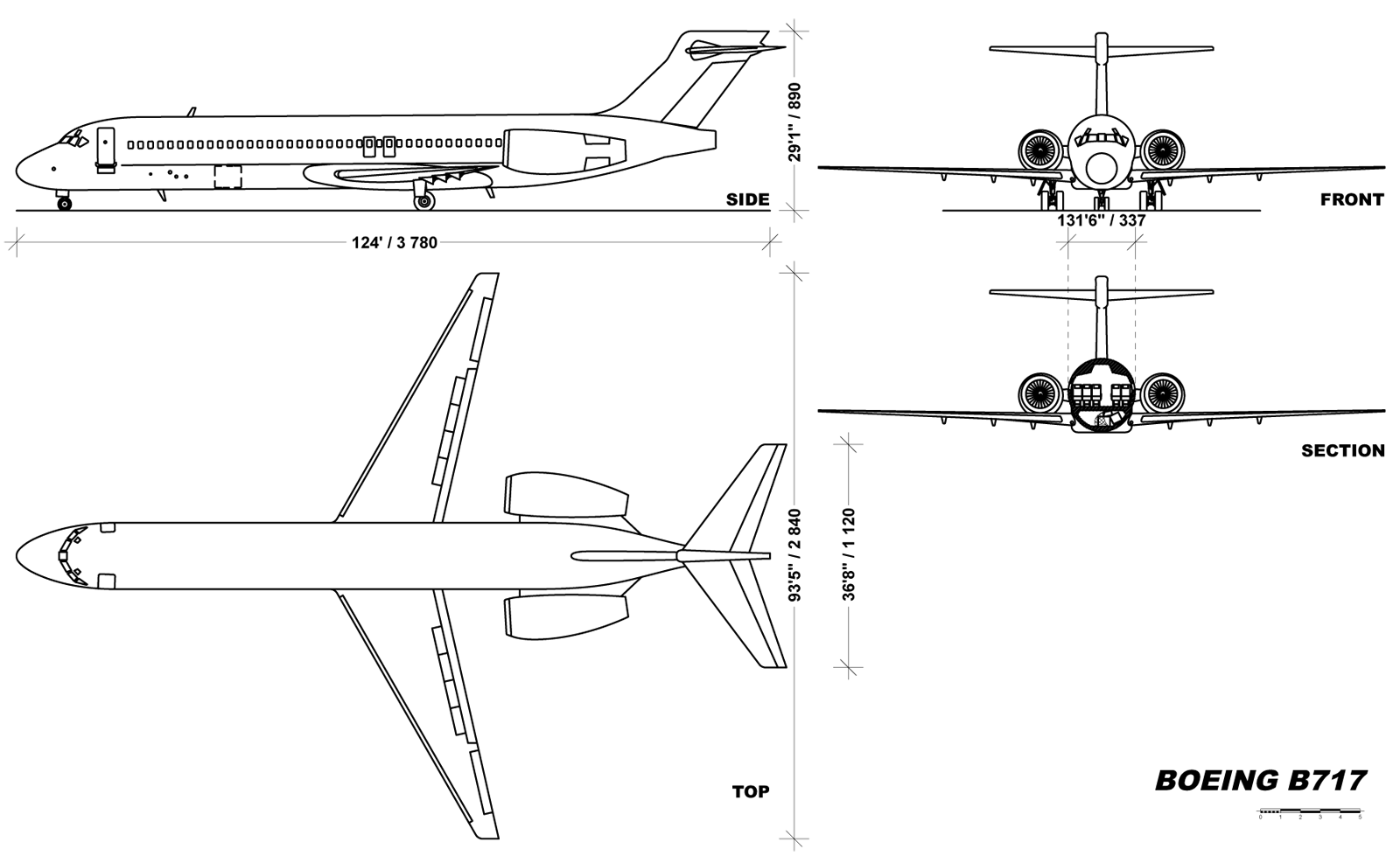 Boeing 717-200 technical side profile